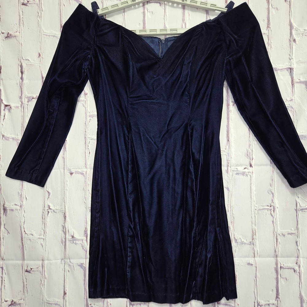 Vintage Roberta Velvet Off Shoulder Long Sleeve Mini Dress Made in USA Sz 11/12